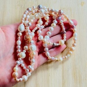 VTG Pink peach Baroque Freshwater Pearl beads Necklace Authentic real strand 35"